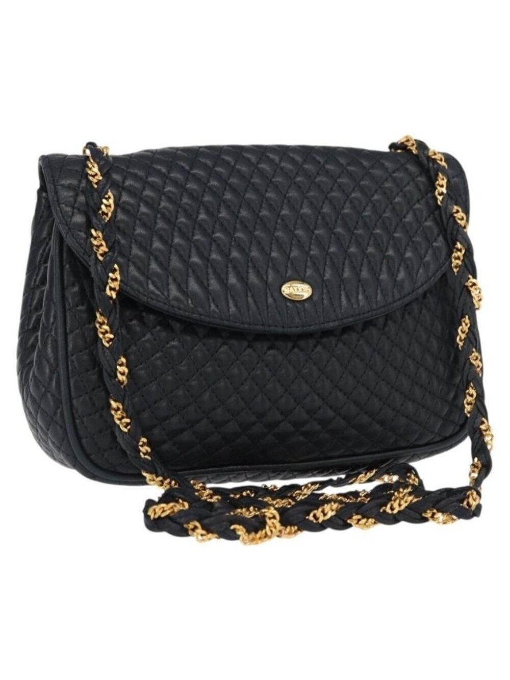 Authentic BALLY Chain Shoulder Bag Leather Navy Gold